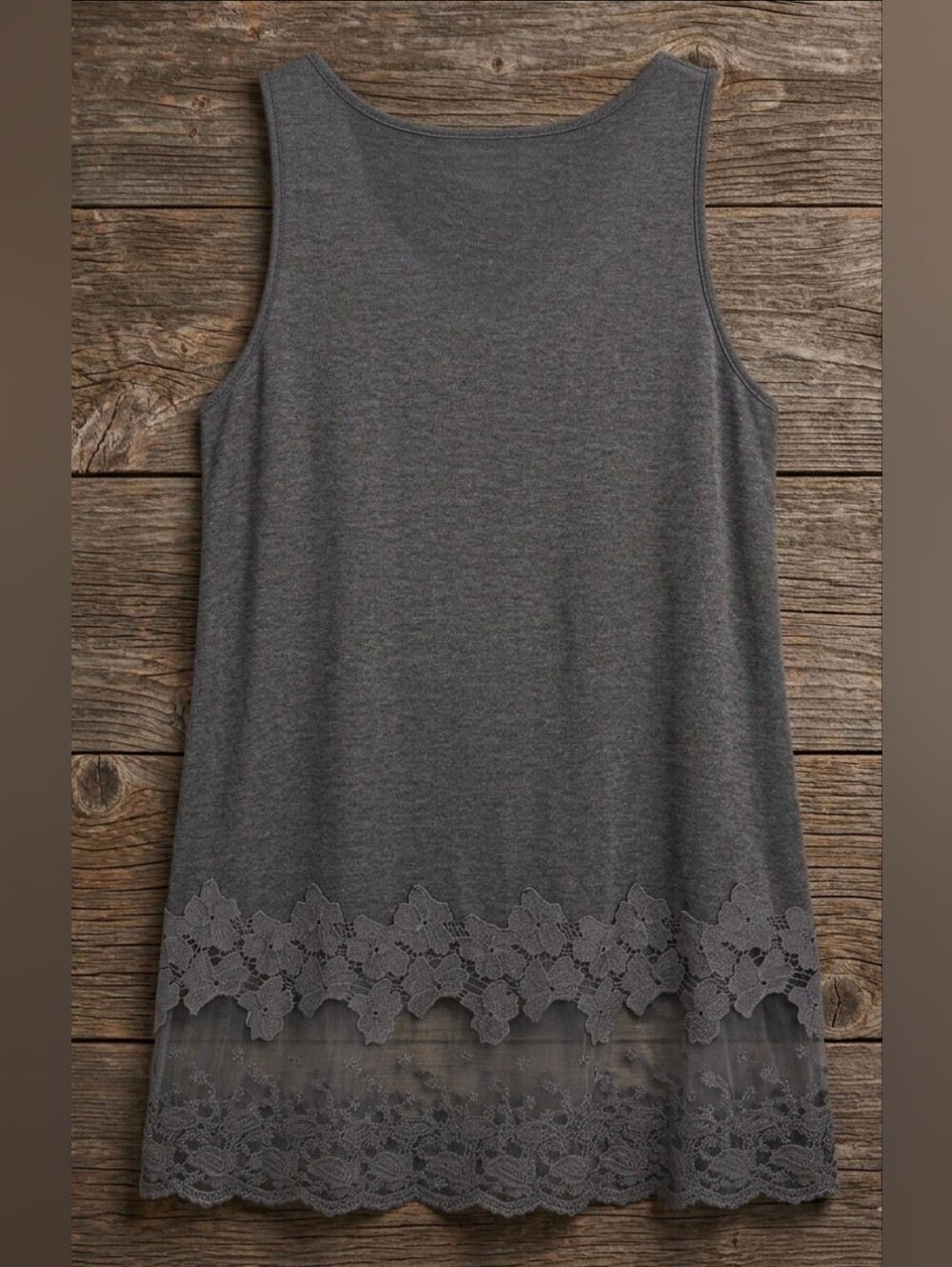 Chic Heather Gray Tunic Tank Top with Sheer Lace Hem Extender